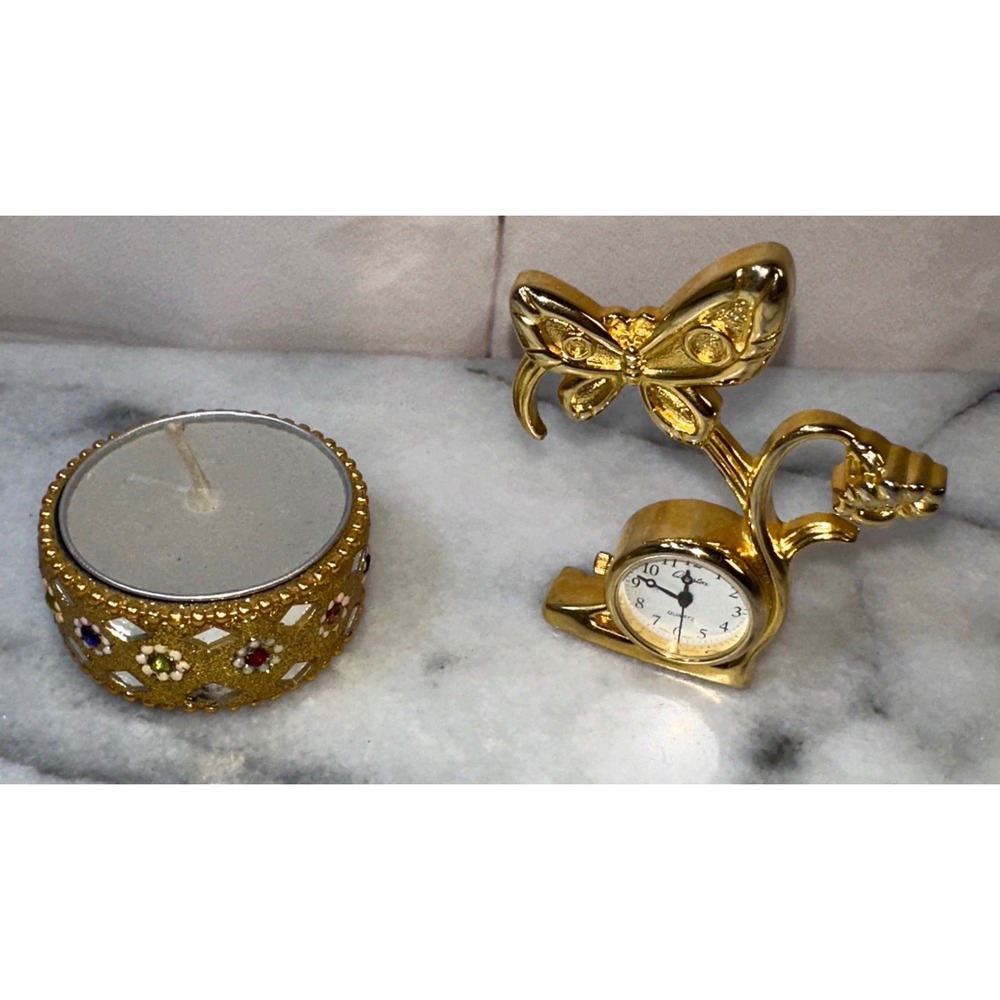 Collezio Gold Butterfly Miniature Desk Clock and Jeweled Tea Light Holder Set